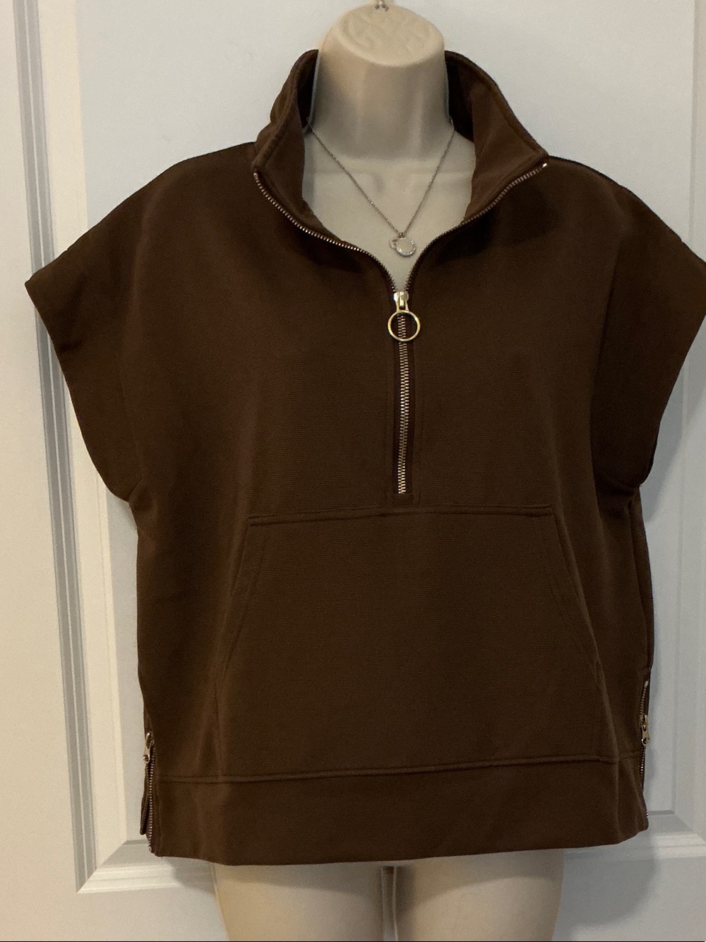 entro Chocolate Brown Short-Sleeve Half-Zip Tunic with Ring Pull